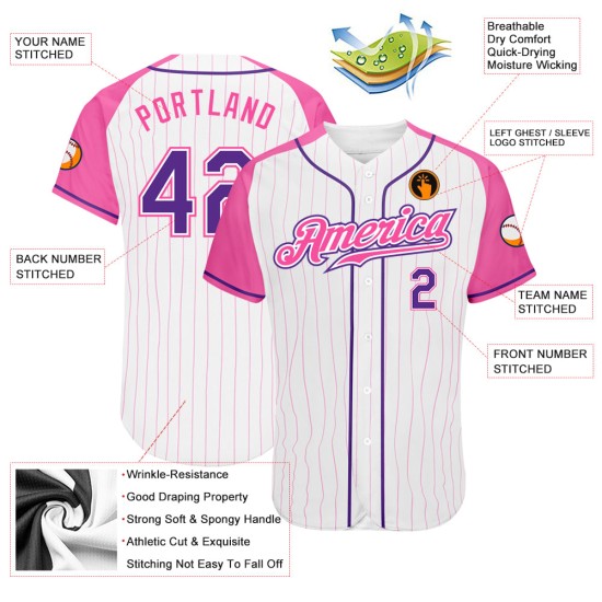 Baseball White Raglan Jersey Sleeves Pink Purple-Pink Authentic Custom Pinstripe Baseball White Raglan Jersey Sleeves Pink Purple-Pink Authentic Custom Pinstripe