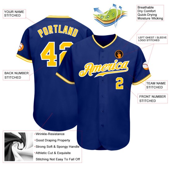 Baseball Royal Jersey Custom Gold-White Authentic Baseball Royal Jersey Custom Gold-White Authentic