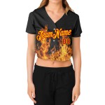 Custom V-Neck Cropped Gold-Red Baseball Flame Black Women's Jersey 3D Custom V-Neck Cropped Gold-Red Baseball Flame Black Women's Jersey 3D