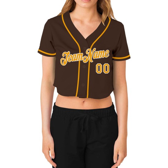 Gold-White Jersey Brown Custom Cropped V-Neck Women's Baseball Gold-White Jersey Brown Custom Cropped V-Neck Women's Baseball