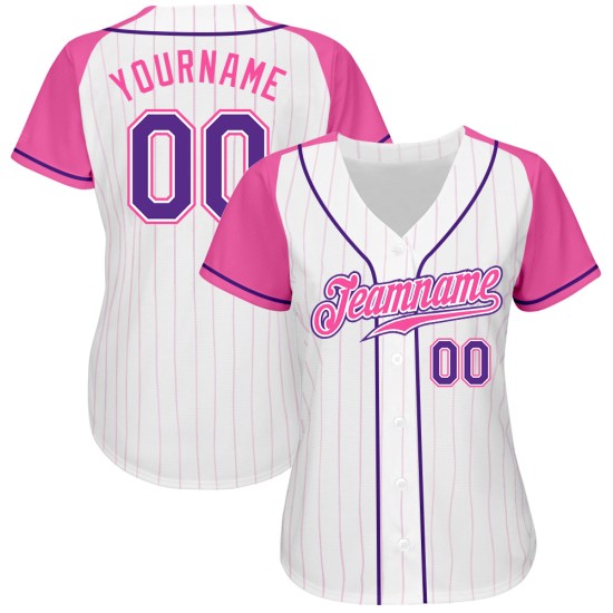 Baseball White Raglan Jersey Sleeves Pink Purple-Pink Authentic Custom Pinstripe Baseball White Raglan Jersey Sleeves Pink Purple-Pink Authentic Custom Pinstripe