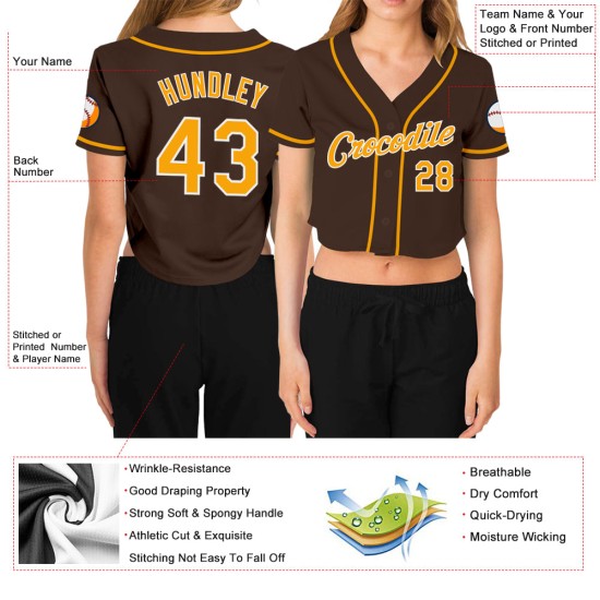 Gold-White Jersey Brown Custom Cropped V-Neck Women's Baseball Gold-White Jersey Brown Custom Cropped V-Neck Women's Baseball