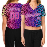 Leopard V-Neck Blue Purple Baseball Custom Pink-Light Cropped Jersey Women's 3D Leopard V-Neck Blue Purple Baseball Custom Pink-Light Cropped Jersey Women's 3D