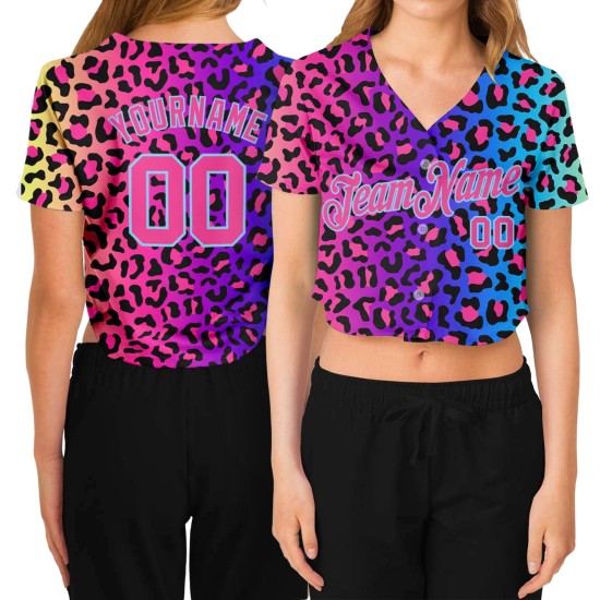 Leopard V-Neck Blue Purple Baseball Custom Pink-Light Cropped Jersey Women's 3D Leopard V-Neck Blue Purple Baseball Custom Pink-Light Cropped Jersey Women's 3D