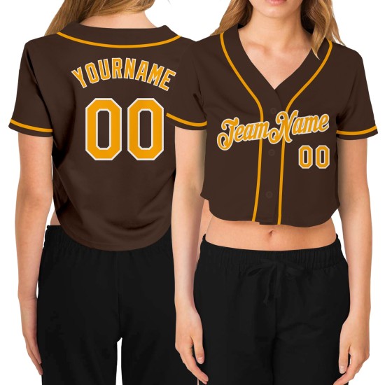 Gold-White Jersey Brown Custom Cropped V-Neck Women's Baseball Gold-White Jersey Brown Custom Cropped V-Neck Women's Baseball
