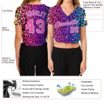 Leopard V-Neck Blue Purple Baseball Custom Pink-Light Cropped Jersey Women's 3D Leopard V-Neck Blue Purple Baseball Custom Pink-Light Cropped Jersey Women's 3D