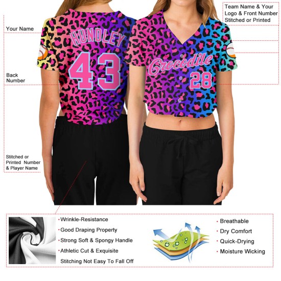 Leopard V-Neck Blue Purple Baseball Custom Pink-Light Cropped Jersey Women's 3D Leopard V-Neck Blue Purple Baseball Custom Pink-Light Cropped Jersey Women's 3D