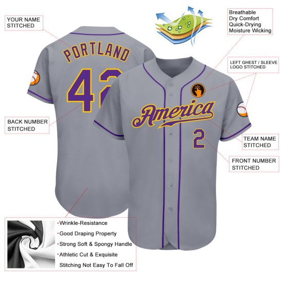 Gray Purple-Gold Custom Jersey Authentic Baseball Gray Purple-Gold Custom Jersey Authentic Baseball