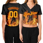 Custom V-Neck Cropped Gold-Red Baseball Flame Black Women's Jersey 3D Custom V-Neck Cropped Gold-Red Baseball Flame Black Women's Jersey 3D