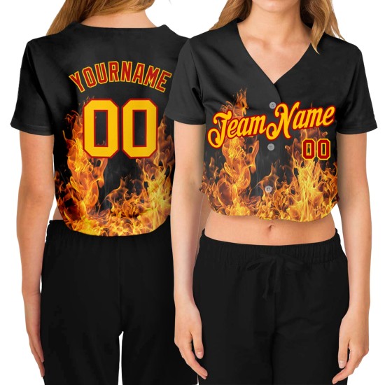 Custom V-Neck Cropped Gold-Red Baseball Flame Black Women's Jersey 3D Custom V-Neck Cropped Gold-Red Baseball Flame Black Women's Jersey 3D
