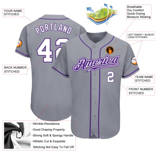 Baseball Jersey Authentic Gray White-Purple Custom Baseball Jersey Authentic Gray White-Purple Custom