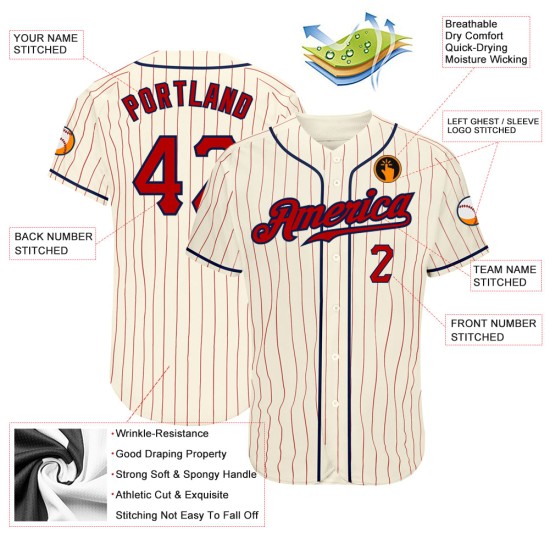 Red-Navy Cream Custom Baseball Jersey Authentic Pinstripe Red Red-Navy Cream Custom Baseball Jersey Authentic Pinstripe Red