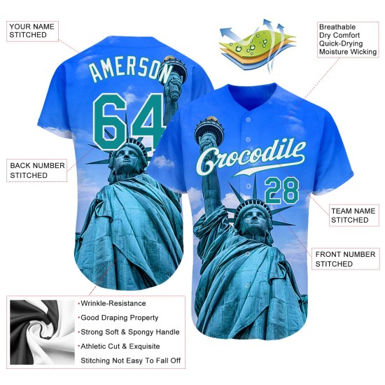 Liberty Kelly Green-White 3D Pattern Royal Of Custom Authentic Jersey Design Baseball Statue Liberty Kelly Green-White 3D Pattern Royal Of Custom Authentic Jersey Design Baseball Statue