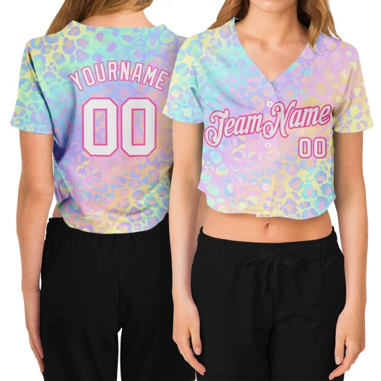 White Leopard Pink Jersey 3D Cropped Baseball Women's V-Neck Custom White Leopard Pink Jersey 3D Cropped Baseball Women's V-Neck Custom