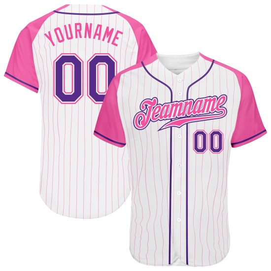 Baseball White Raglan Jersey Sleeves Pink Purple-Pink Authentic Custom Pinstripe Baseball White Raglan Jersey Sleeves Pink Purple-Pink Authentic Custom Pinstripe
