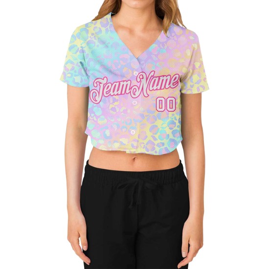 White Leopard Pink Jersey 3D Cropped Baseball Women's V-Neck Custom White Leopard Pink Jersey 3D Cropped Baseball Women's V-Neck Custom