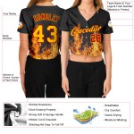 Custom V-Neck Cropped Gold-Red Baseball Flame Black Women's Jersey 3D Custom V-Neck Cropped Gold-Red Baseball Flame Black Women's Jersey 3D