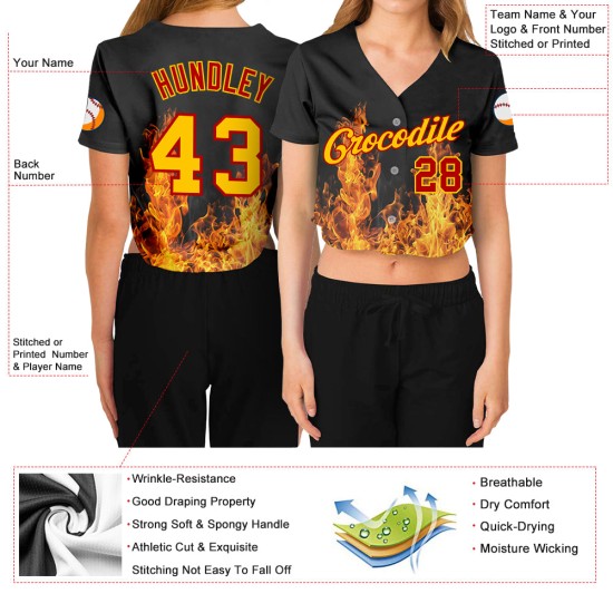 Custom V-Neck Cropped Gold-Red Baseball Flame Black Women's Jersey 3D Custom V-Neck Cropped Gold-Red Baseball Flame Black Women's Jersey 3D