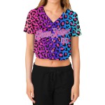Leopard V-Neck Blue Purple Baseball Custom Pink-Light Cropped Jersey Women's 3D Leopard V-Neck Blue Purple Baseball Custom Pink-Light Cropped Jersey Women's 3D