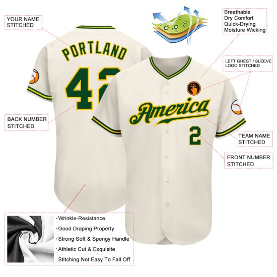 Cream Authentic Baseball Jersey Custom Green-Gold Cream Authentic Baseball Jersey Custom Green-Gold