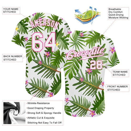Tropical Baseball Palm Leaves White-Pink White Design Custom Authentic 3D Pattern Jersey Tropical Baseball Palm Leaves White-Pink White Design Custom Authentic 3D Pattern Jersey